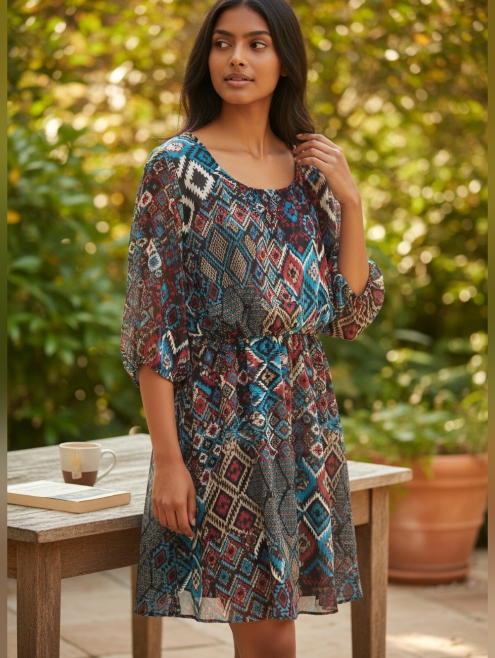 Espresso AZTEC Southwestern Flowing Dress VIBRANT COLORS 1X - Picture 3 of 9